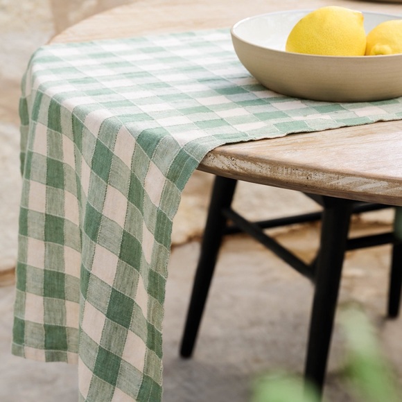 Magnolia Green Gingham Linen Table Runner - Picture 4 of 17